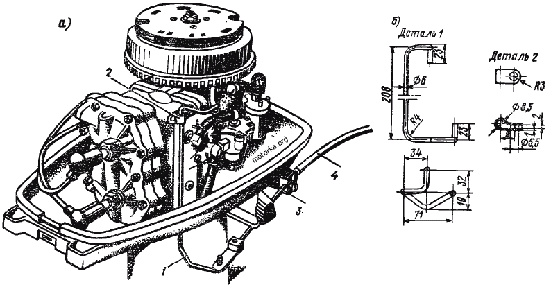 Подсоединение дистанционного   управления   дроссельной   заслонкой на левом моторе Ветерок