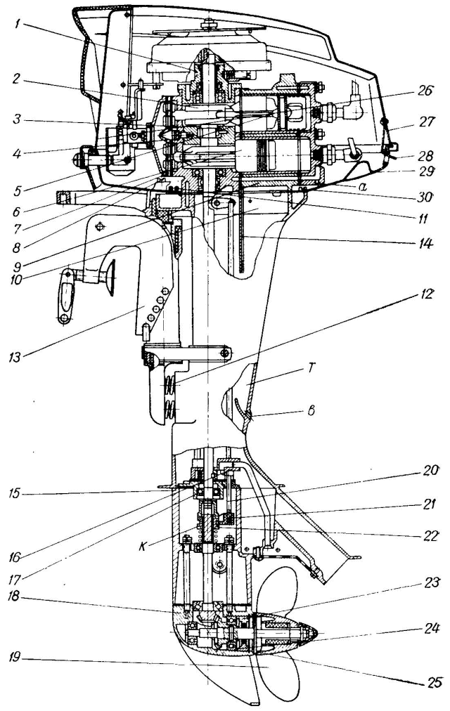 Продольный разрез лодочного мотора Ветерок-8